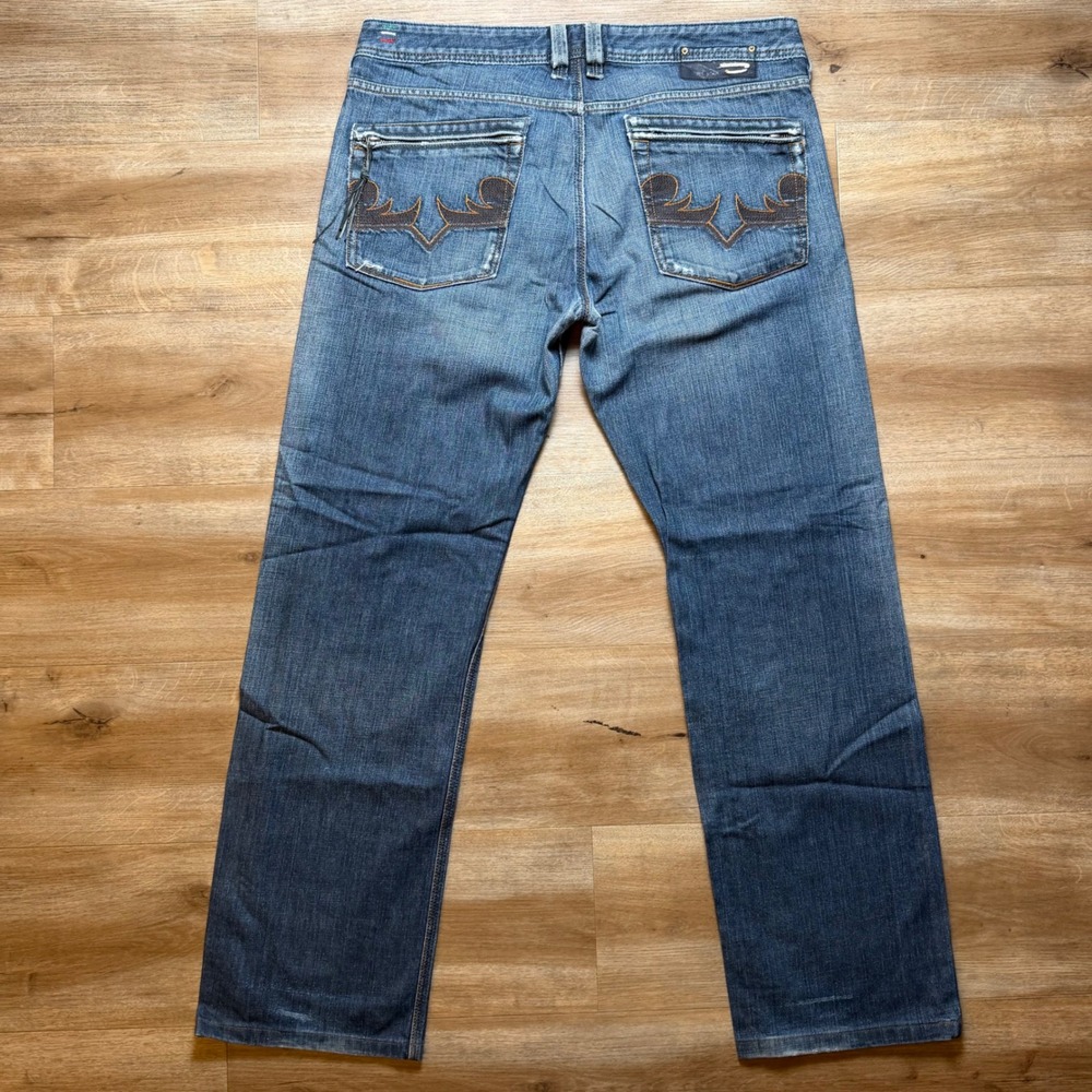 Diesel Yarik Jeans Mens 34x32 Blue Straight Leg Embroidered Made in Italy 0087J